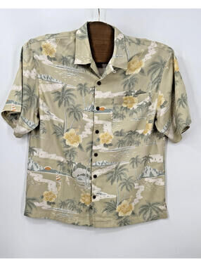 Tommy Bahama Silk Hawaiian Shirt Mens L Green Floral Beach Camp Button Down